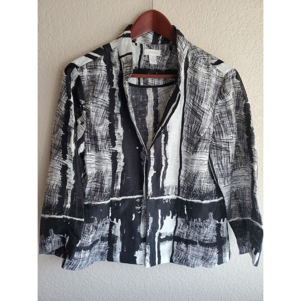 Chicos 1 3/4 Sleeve Jacket Linen Blend Artsy Abstract Old Money Lightweight S